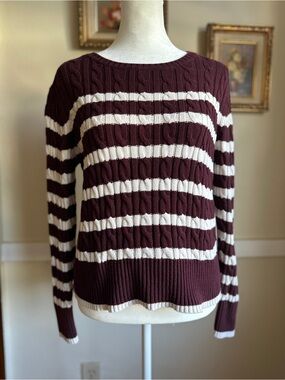 100% Cotton Lands' End Burgundy and White Striped Cable Crewneck Sweater XS